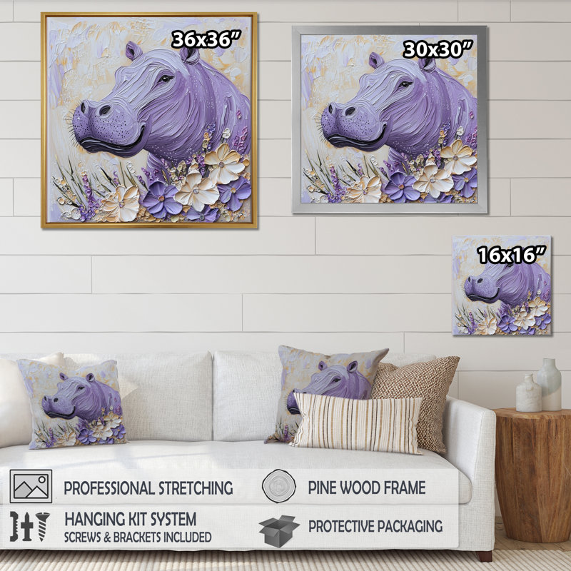 Lavande, hippopotame Grazing The Meadows I - Hippopotame, reproduction sur toile, H 36 po x l 36 po, Noir