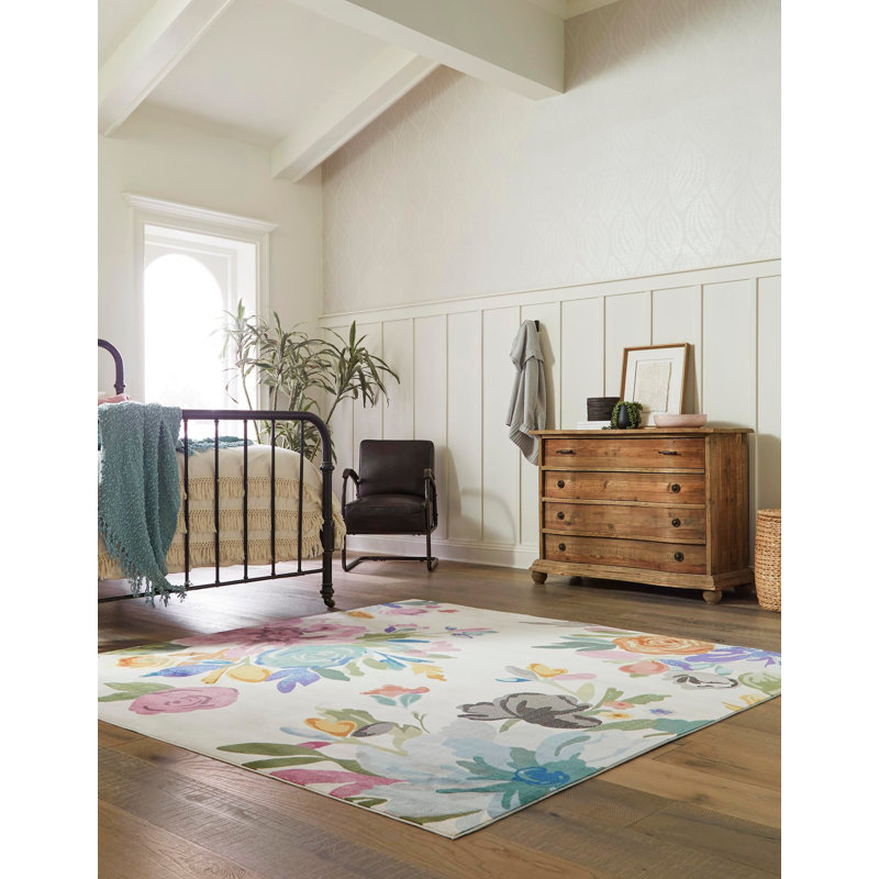 Tapis à motif floral vert / mauve / bleu / ivoire / gris / orange Aludra, Carré 10pi