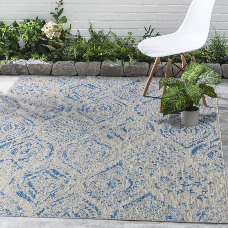 Outdoor Rug - Waterproof Easy to Clean Stain Resistant - Patio Indoor Outdoor Porch Deck Balcony Entryway - Distressed Farmhouse - Granada - Blue