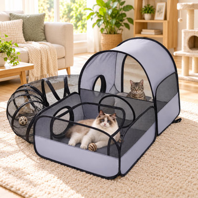 45" 2-Zone Cat Playpen with Surround Tunnel for Indoor and Outdoor Use