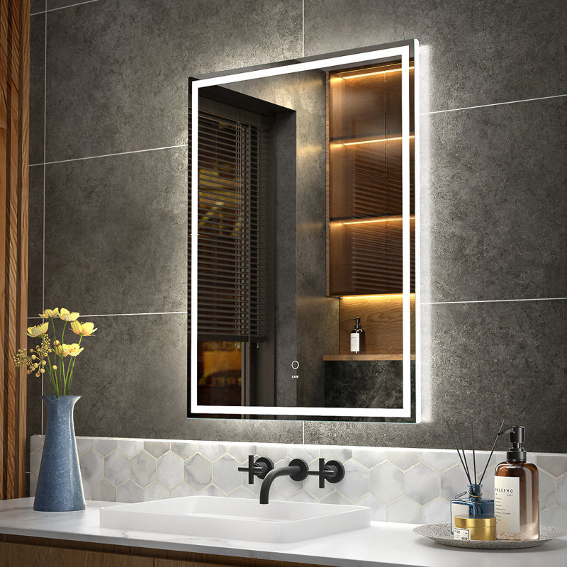 Miroir de salle de bain 3 lumières DEL à mémoire de forme, 20 po x 28 po
