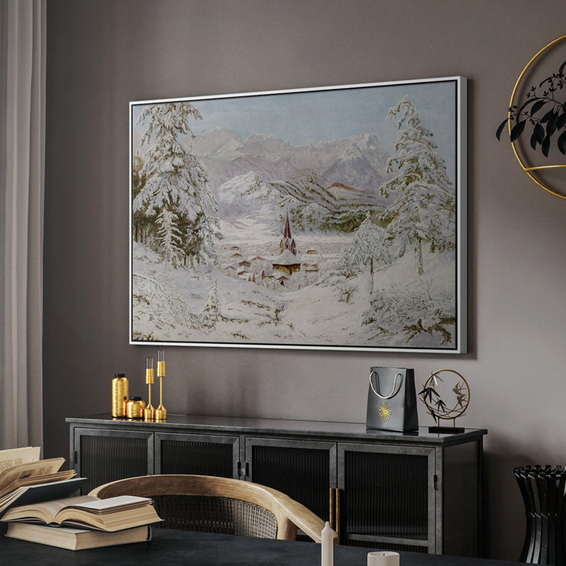Paysage rétro - Toile tendue avec châssis, H 25 po x l 37 po x P 2 po, Toile argentée avec cadre flottant