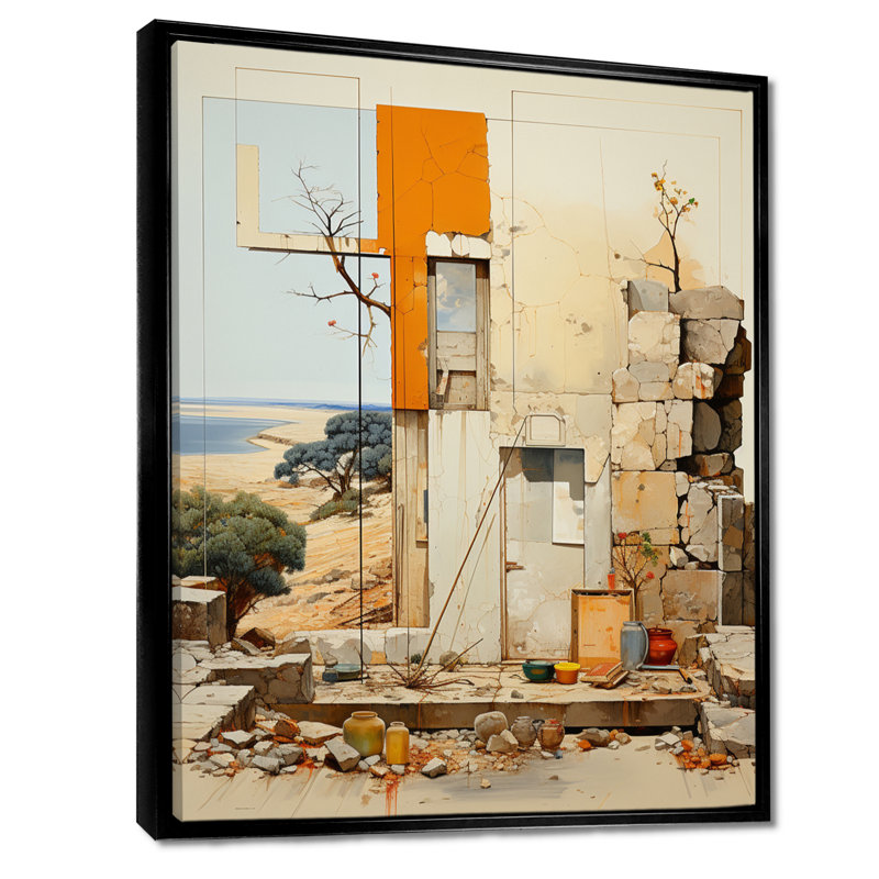 Modernist Ruin By The Seaside - City Buildings, art mural, Toile avec cadre flottant noir, H 20 po x l 12 po x P 1 po