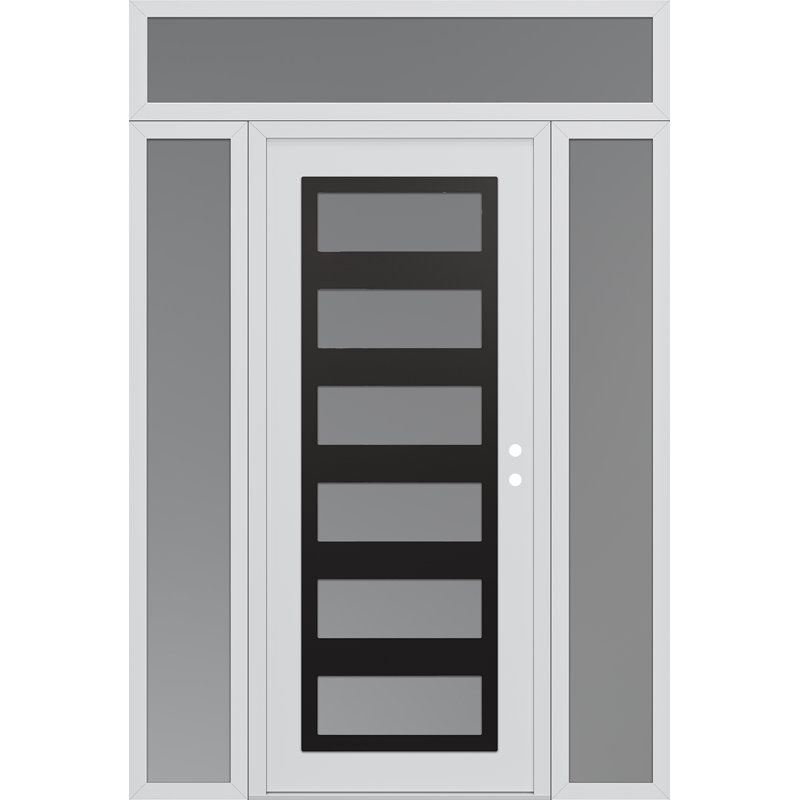 C9 à gauche 68 po X 96 po Panneau en acier noir et blanc et verre givré blanc avec 2 panneaux latéraux et porte d'entrée avant en verre givré avec traverse