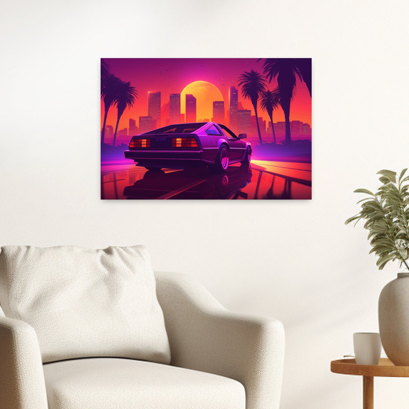 «Retro Car City Sunset», art mural rétro classique avec paysage de palmiers, H 16 po x l 24 po