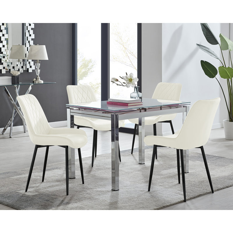 Tierra Modern Glass & Metal Extendable Dining Table Set & 6 Luxury Upholstered Velvet Dining Chairs, Black/Silver, Black