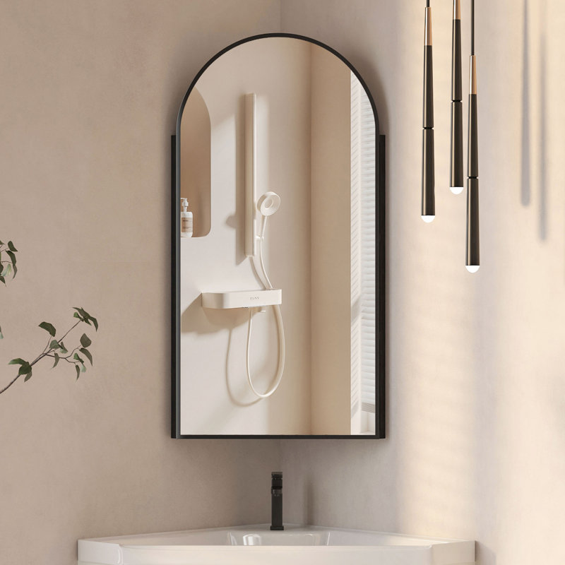 Corner Arched Medicine Cabinet With Mirror, Medicine Cabinet With 2 Storage Shelf, Matte Black