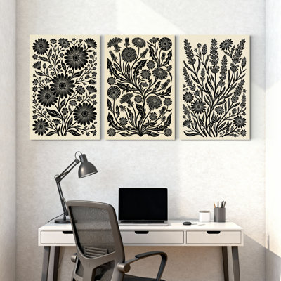 Plantes et fleurs, ensemble de 3 impressions sur toile à motif botanique floral noir et blanc