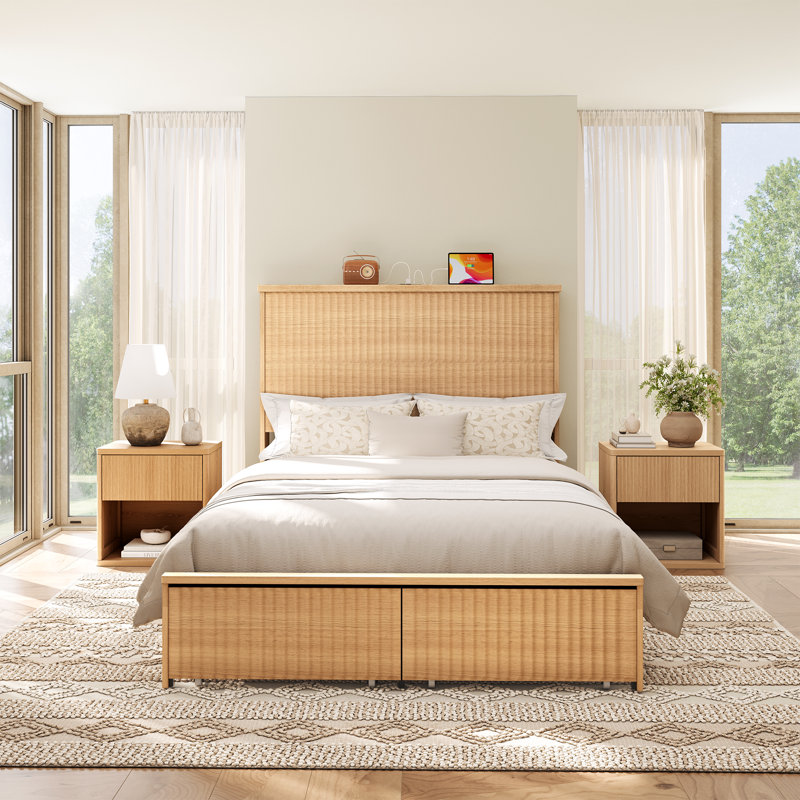 Retro Fluted Queen Bed With 55" Tall Headboard And Storage Drawers, Full