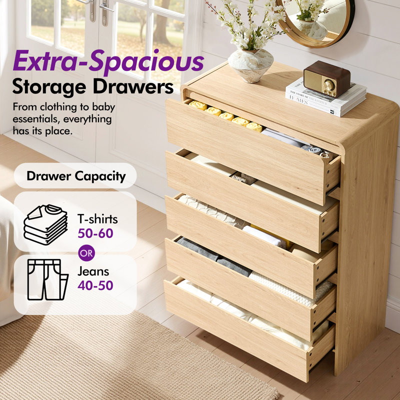 Modern Tall 5-Drawer Dresser with Curved Corner Design and Soft-Close Function, Beige