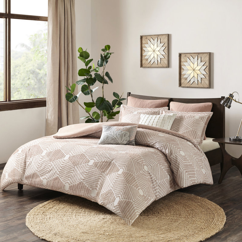Housse de couette en coton Blush pour grand lit, géométrique, 2 taies décoratives assorties de couleur rose, motif géométrique