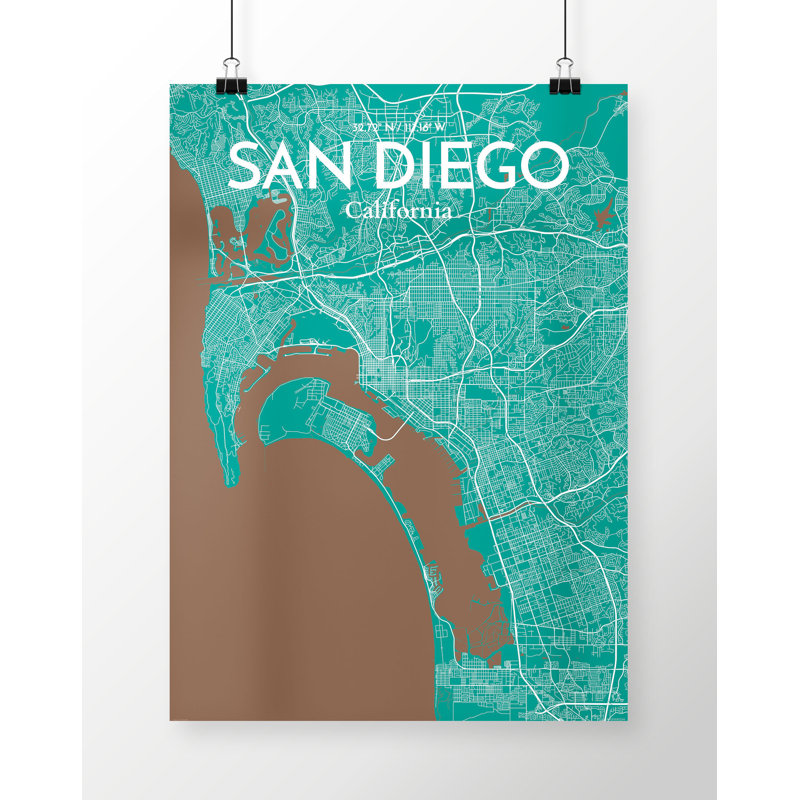 San Diego City Map 1 Piece Wall Art, 70cm H x 50cm W x 0.13cm D