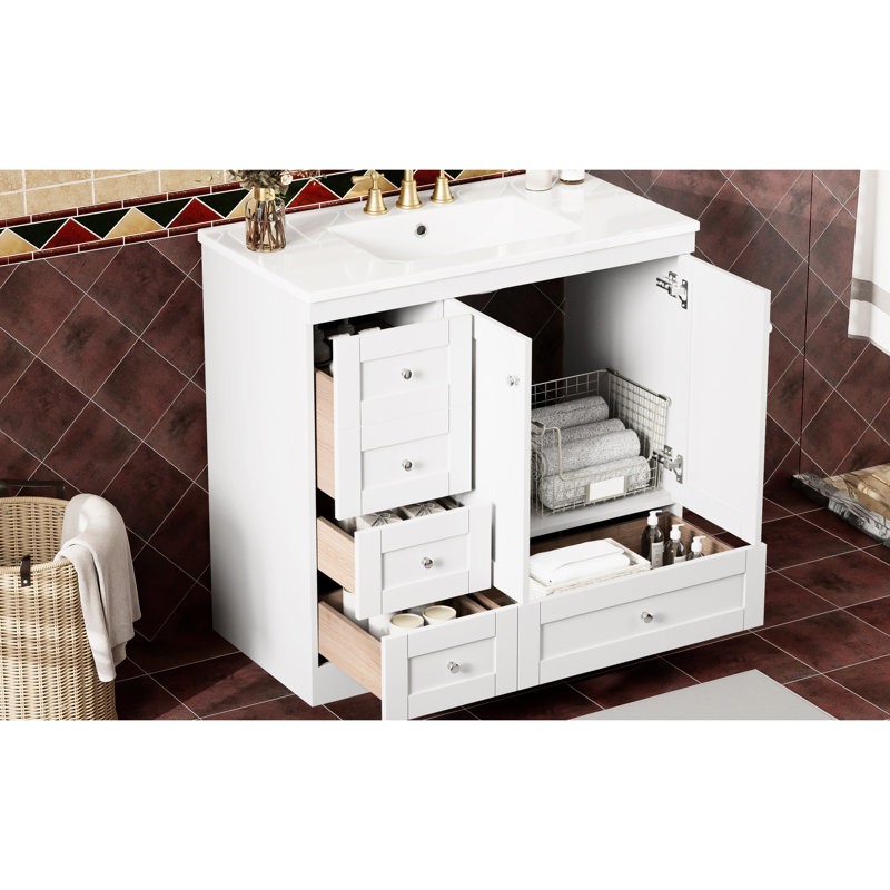 36 meubles de salle de bain style Shaker, lavabo en céramique, 4 tiroirs à fermeture en douceur, 2 portes, conception pratique, poignées en alliage d'aluminium