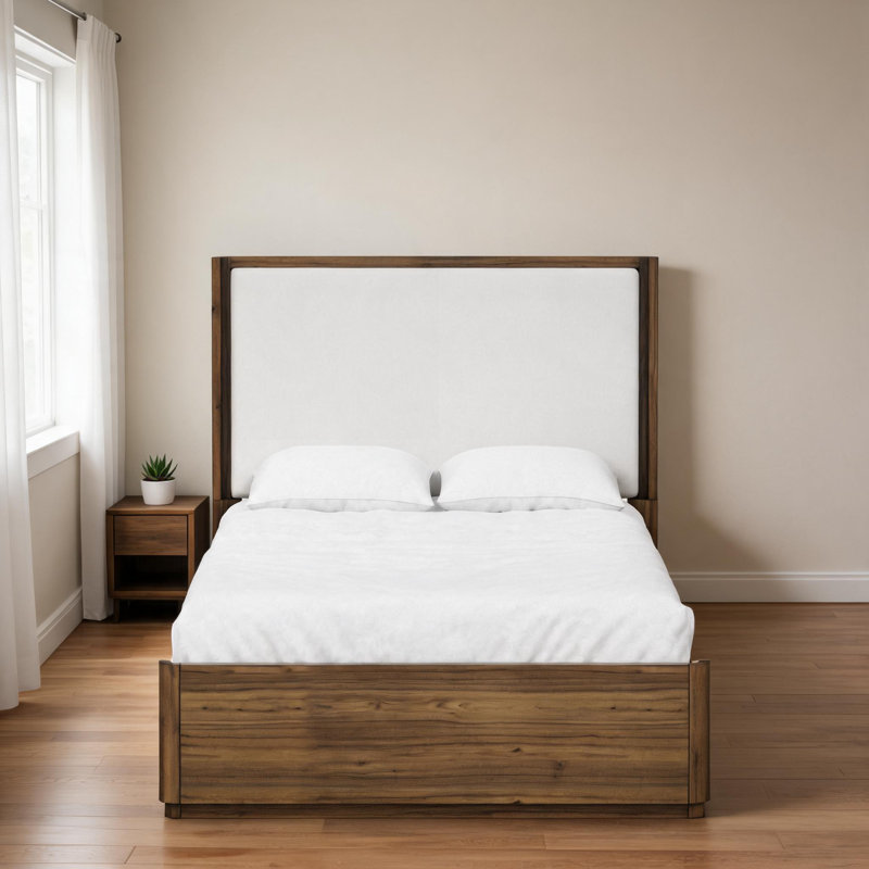 Lit tapissier grand pour chambre résidentielle, cadre transitionnel décontracté en bois massif de couleur brune