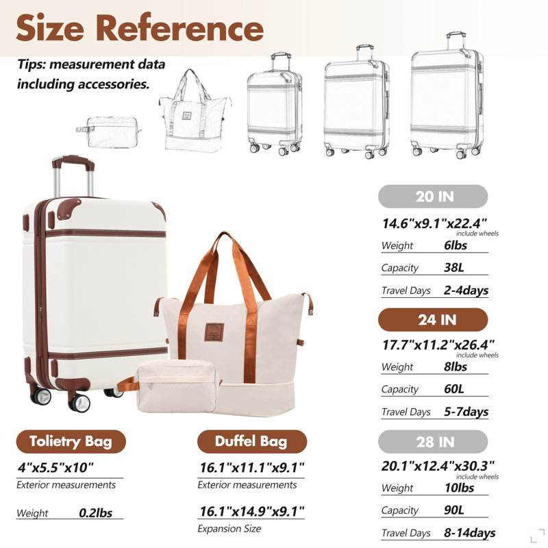 Ensembles de valises rigides avec sacs Valise légère à roulettes doubles avec verrou TSA, valise rétro simple 24 po