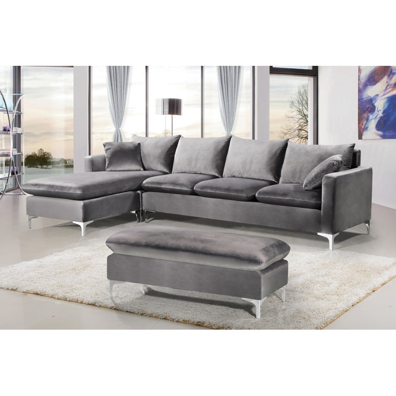Canapé et méridienne réversible en velours Naomi, Velours gris