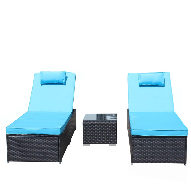 3-Piece Outdoor Patio Furniture Set, Chaise Lounge, Patio Reclining Lounge Chair Chaise Couch Cushioned With Glass Coffee Table