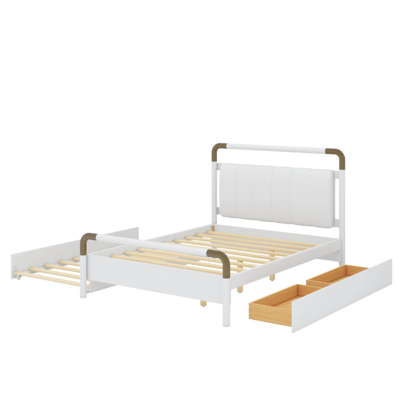 Grand lit plateforme en bois avec rangement, 2 tiroirs spacieux et un lit gigogne gigogne T-XL, Blanc