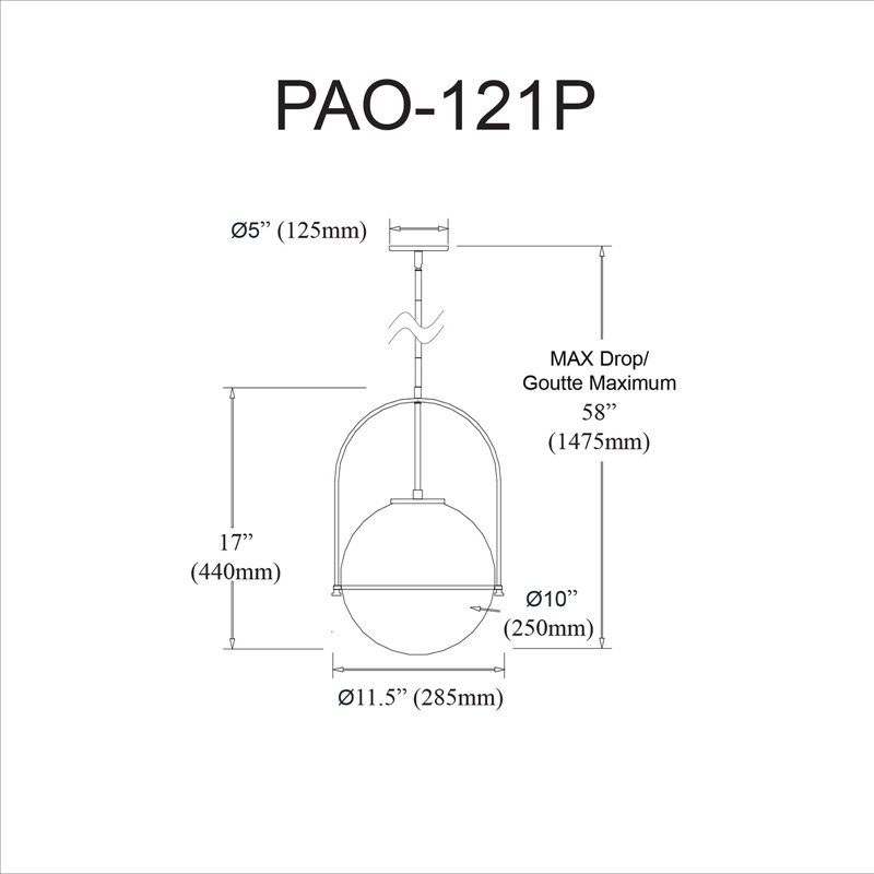Luminaire suspendu incandescent 1 lumière Paola, H 17 po x l 11,5 po x P 11,5 po, Chrome poli