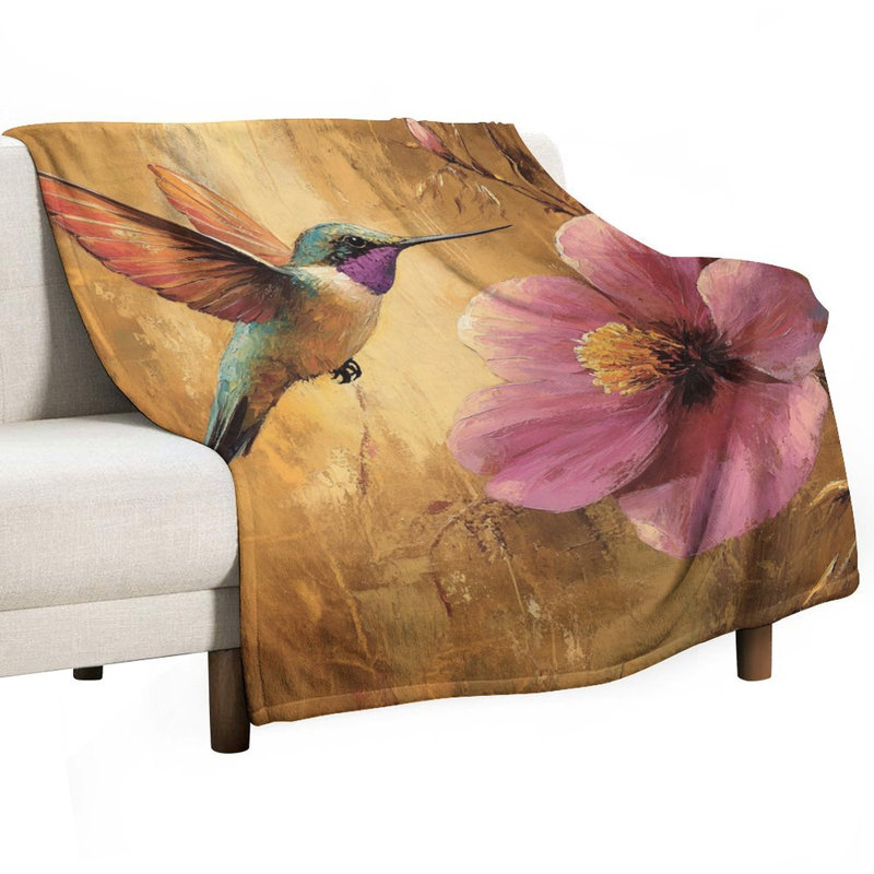 Jeté de colibri de luxe en flanelle de couleur or, près du colibri, 50x60in