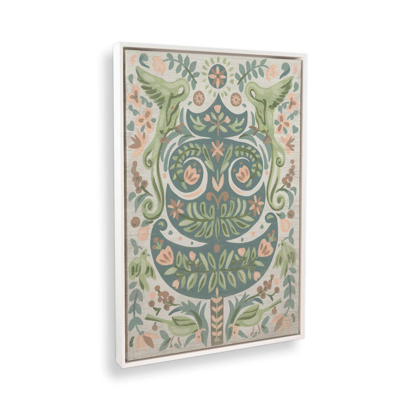 «Floral Folk Christmas Tree II», reproduction sur toile, Cadre flottant blanc opaque, H 48,75 po x l 32,75 po x P 1,75 po