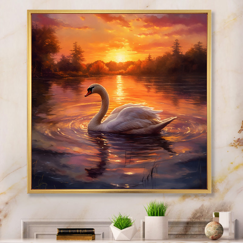 Cygne blanc, coucher de soleil romantique, H 30 po x l 30 po x P 1 po, Cadre doré à une seule photo