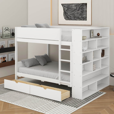 Lit superposé double au-dessus de double avec tiroirs et armoire
