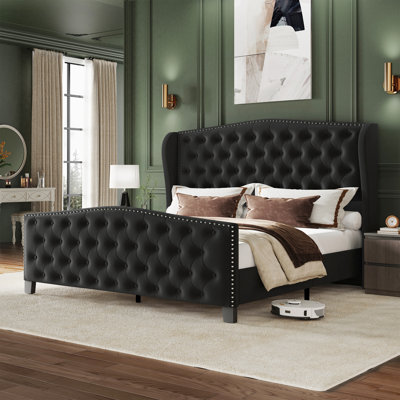 Upholstered Queen Bed With Wingback Headboard, Velvet Platform Bed with Tufted Footboard, Black