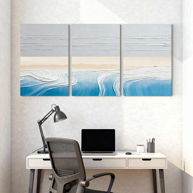 Ensemble de 3 tableaux abstraits sur toile représentant des vagues océaniques, H 36 po x l 72 po
