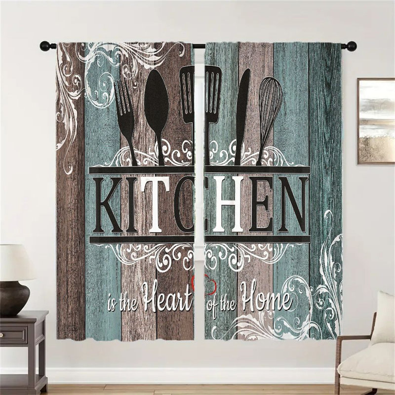2Pcs Rustic Wooden Kitchen Curtains Rod Pocket Design - Farmhouse Retro Utensil Pattern with Decorative Scrollwork "Kitchen is the Heart of Home" Light Filtering Privacy Window Treatments for Dining Room Cafe
