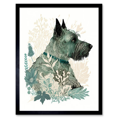 Scottish Terrier Dog Lying in Flower Field Modern Teal Tan 1 Piece Single Picture Frame Wall Art
