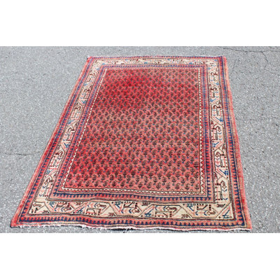 Tapis unique en laine noué à la main de style années 1950 de 3 pi 7 po x 5 pi 1 po rouge / beige