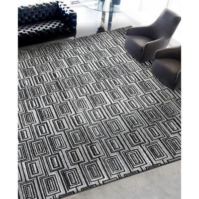 Tapis rectangulaire en laine / soie noué à la main gris / noir
