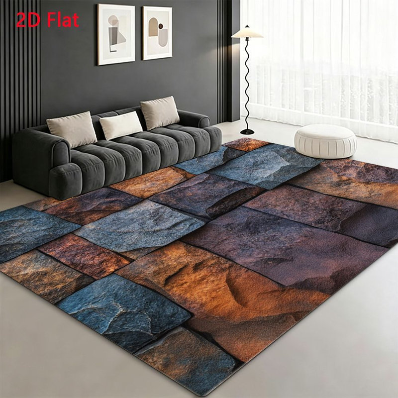 Realistic Stone Tile Pattern Area Rug, Machine Washable Non Slip, Indoor Decor for Living Room Bedroom Hallway Kitchen Balcony Apartment Modern Home Accent