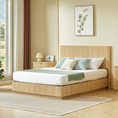Queen Size Bed Frame with LED Lights, Modern Wooden Corrugated Curved Lines, Convex Groove Board Design, Oak.