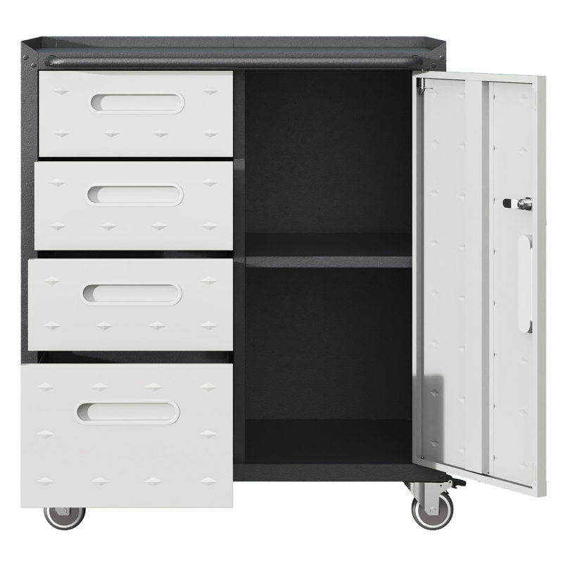 Armoire en métal avec roulettes pour le garage, le bureau et la maison. Plateau surélevé, 4 tiroirs, rangement verrouillable. Solide. Outil de rangement noir / gris. 360 roues, dessus. Tablettes latérales réglables.