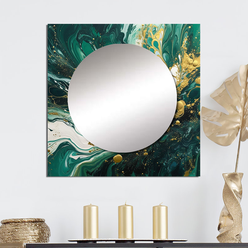 Art mural en miroir Benvinda - Cascade I vert et or, 23 po x 23 po