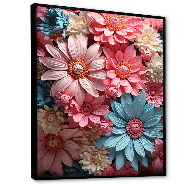 Harmonie de marguerites roses I - impression, Cadre flottant noir, H 40 po x l 30 po x P 1,5 po