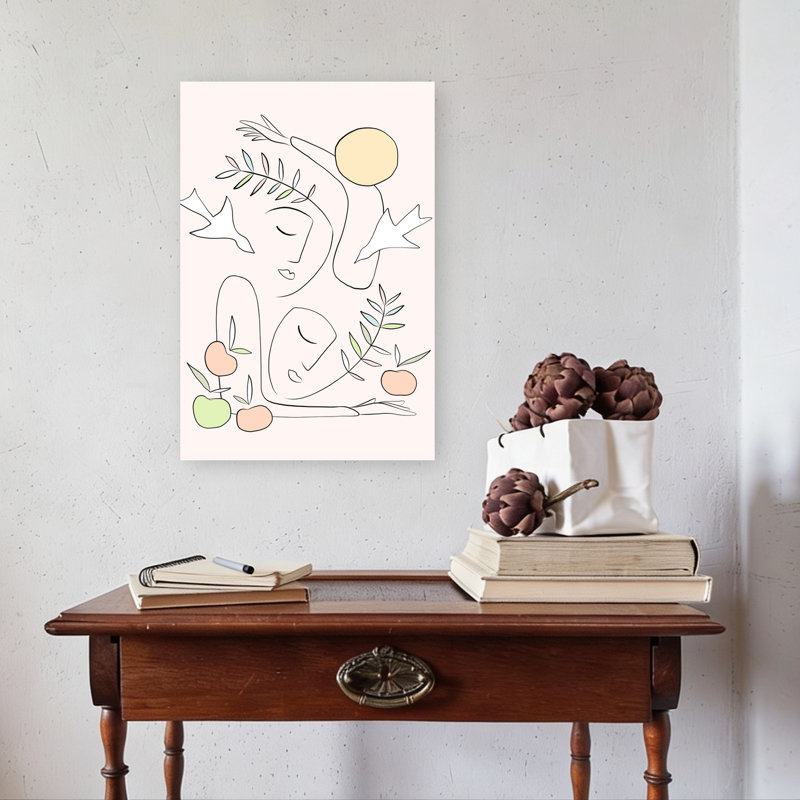 Paisible visages et colombes, impression d'art moderne abstrait minimaliste, fruit, nature, H 24 po x l 16 po