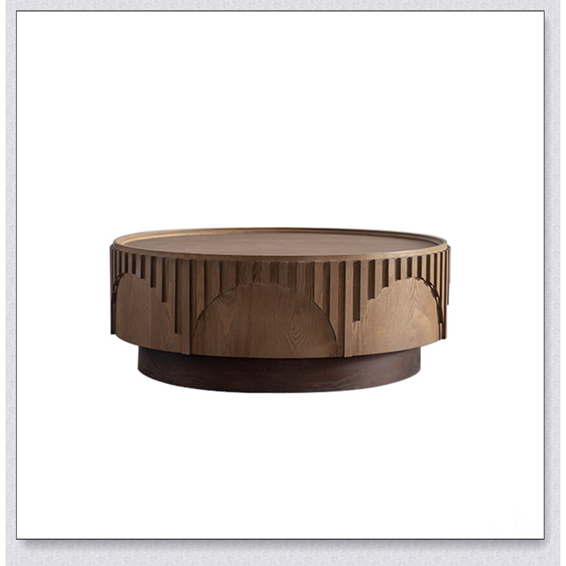 Table basse ronde moderne en placage de bois massif avec piédestal robuste pour des espaces de vie élégants