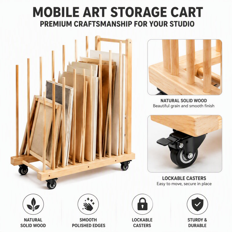 Étagère de séchage et de rangement d'art en bois à 7 couches avec roulettes verrouillables, organisateur de toile de plancher pour la présentation de la galerie de studio, finition en bois naturel