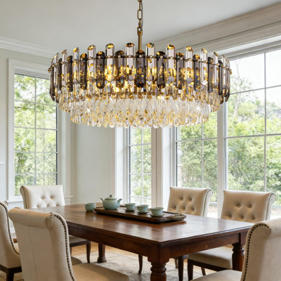 Modern Crystal Chandelier With Smoke Grey K9 Crystals, 8-Tier Design For Dining Room, Kitchen Island, Living Room, And Bedroom Ceiling Lighting, Adjustable Height For Various Ceilings