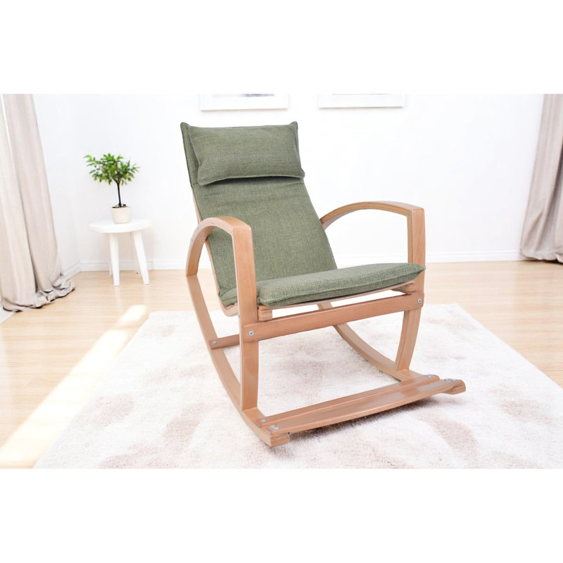 Chaise berçante contemporaine avec revêtement et coussin, idéale pour la lecture dans la chambre à coucher, avec un cadre en bois moderne et un dossier haut, confortable au lit