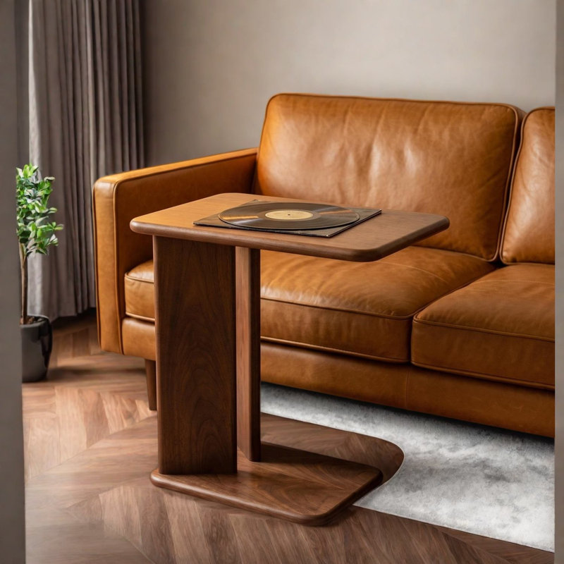 Tables de bout en forme de C, panneau de fibres à densité moyenne noyer, canapé moderne et peu encombrant