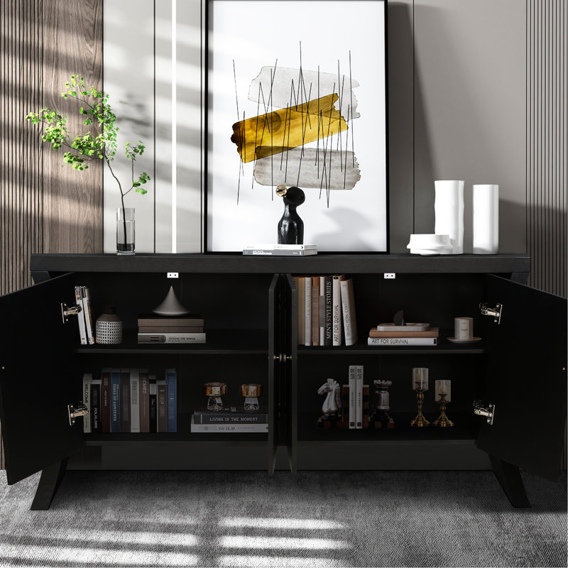 Armoire à 4 portes en bois avec pieds courbés et fermoirs bronze - unité de rangement noire pour maisons modernes 4 portes et tablettes