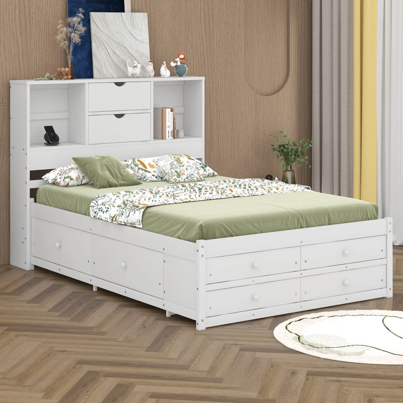 Platform Bed with Storage Headboard And 8 Drawers, Queen, White