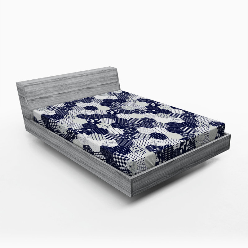 Navy and White Patchwork Microfiber Queen Fitted Sheet