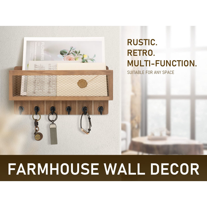 Farmhouse Key Holder with Mail Storage Basket, Brown