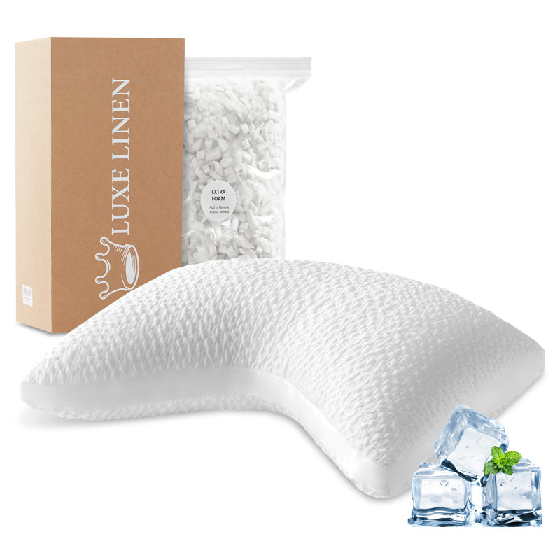 Oreiller de couette rafraîchissant pour le soutien du cou et des épaules, mousse à mémoire de forme ergonomique incurvée en forme de croissant à soufflet (certifié CertiPUR-US) avec rembourrage supplémentaire, housse douce et froide, blanc standar