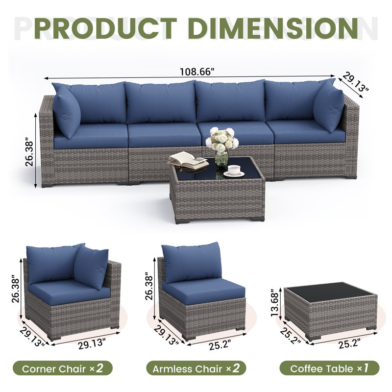 Ensemble de conversation modulaire en rotin 5 pièces avec coussins, Marine